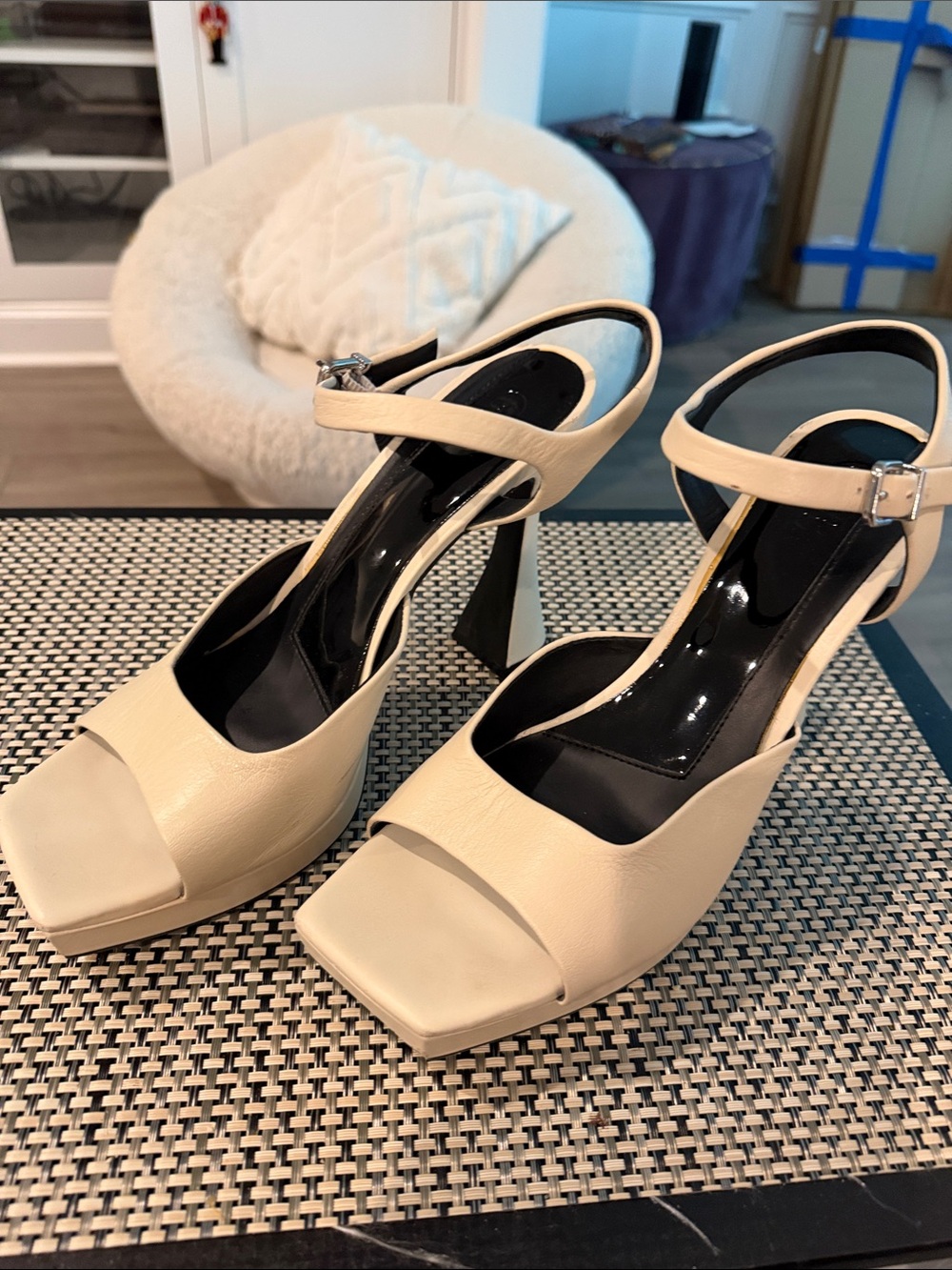 GBG Los Angeles Cream Ankle-Strap Square-Toe Block Heels